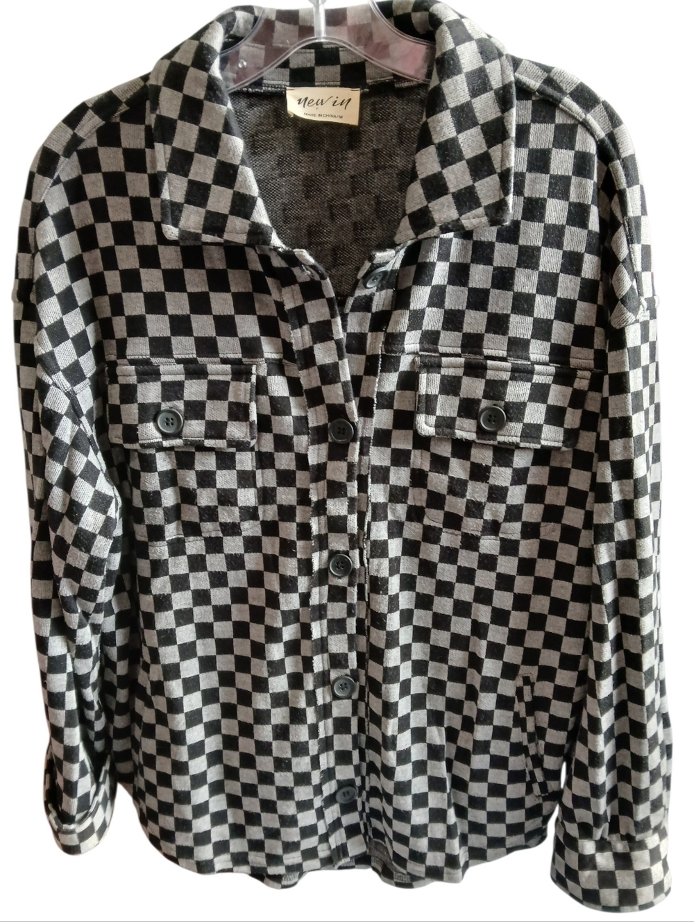 NEW IN  Checkered Stretch Shirt Jacket Black Gray SZ L